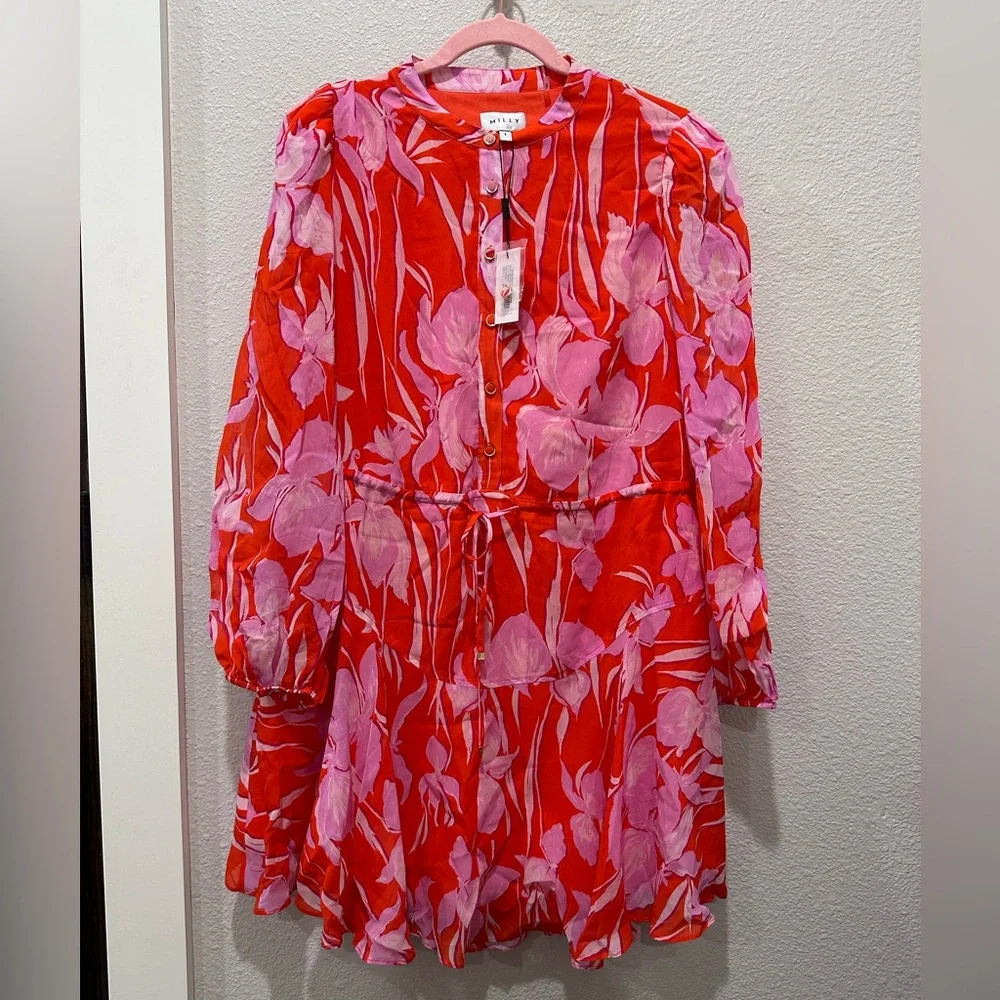 Milly Reina Parrot Tulip Flounce Red Pink Mini Dress Sz 8 SAKS REVOLVE - Picture 6 of 10